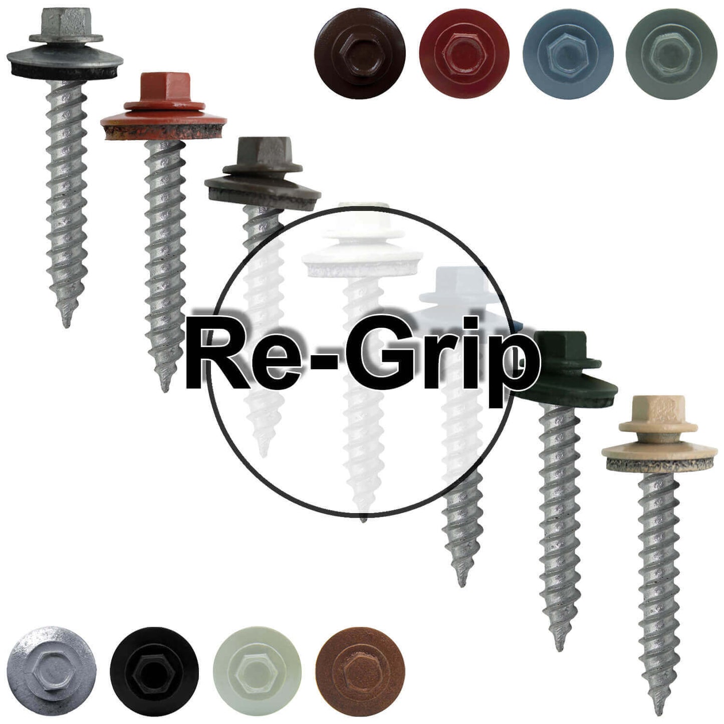 #12 x 1-1/2" RE-GRIP METAL ROOFING SCREWS - Hex Washer Head - Self starting/self tapping - EPDM washer. Colored head.