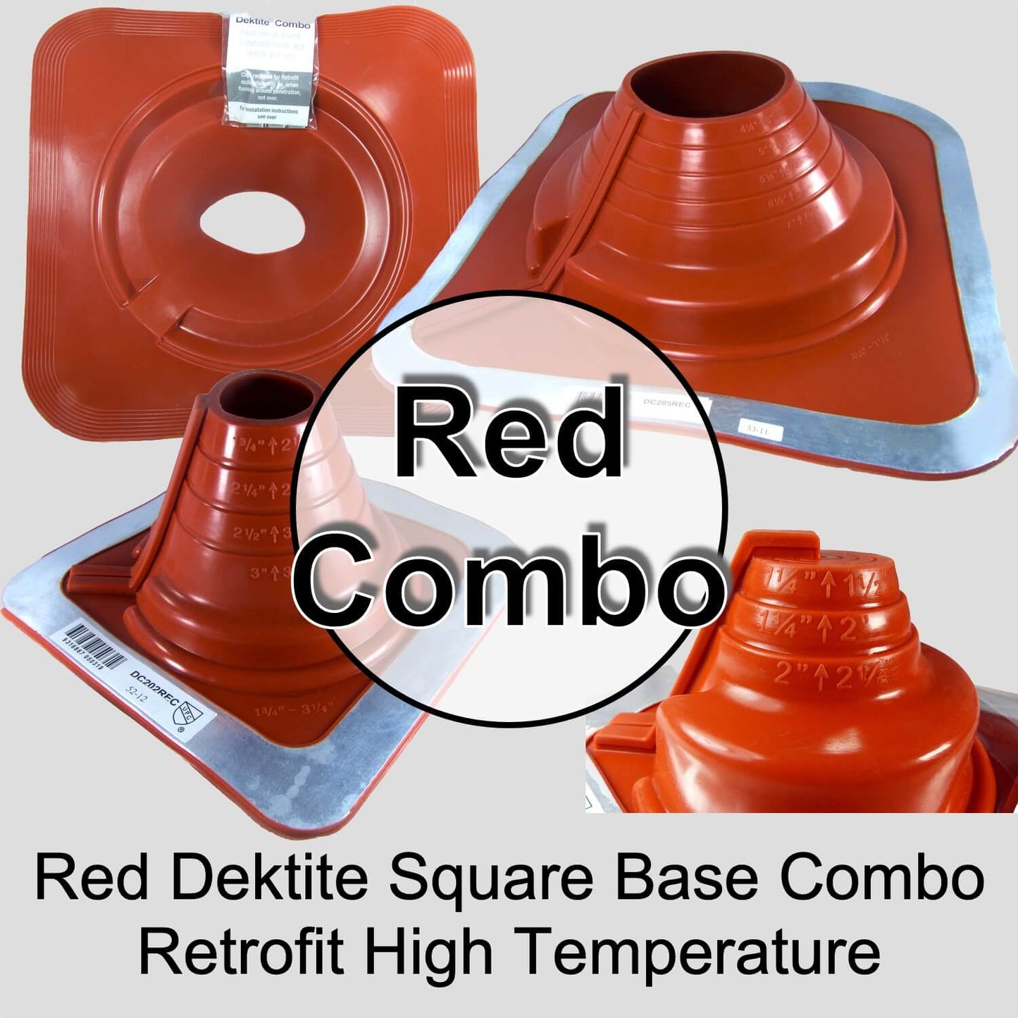 DEKTITE SQUARE BASE COMBO PIPE FLASHING BOOT: RED High Temp Silicone Square Base Flexible Pipe Flashing Dektite