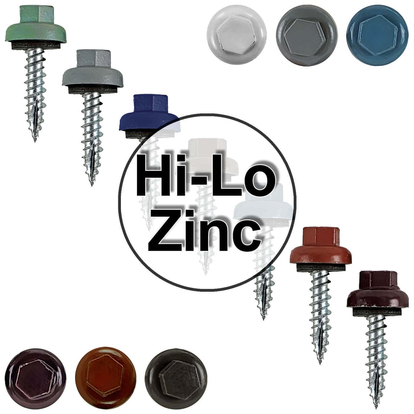 #10 X 1" HI-LO Zinc Aluminum Cap Metal Roofing Screws - Hex Washer Head - Self starting/self tapping - EPDM washer. Colored head.