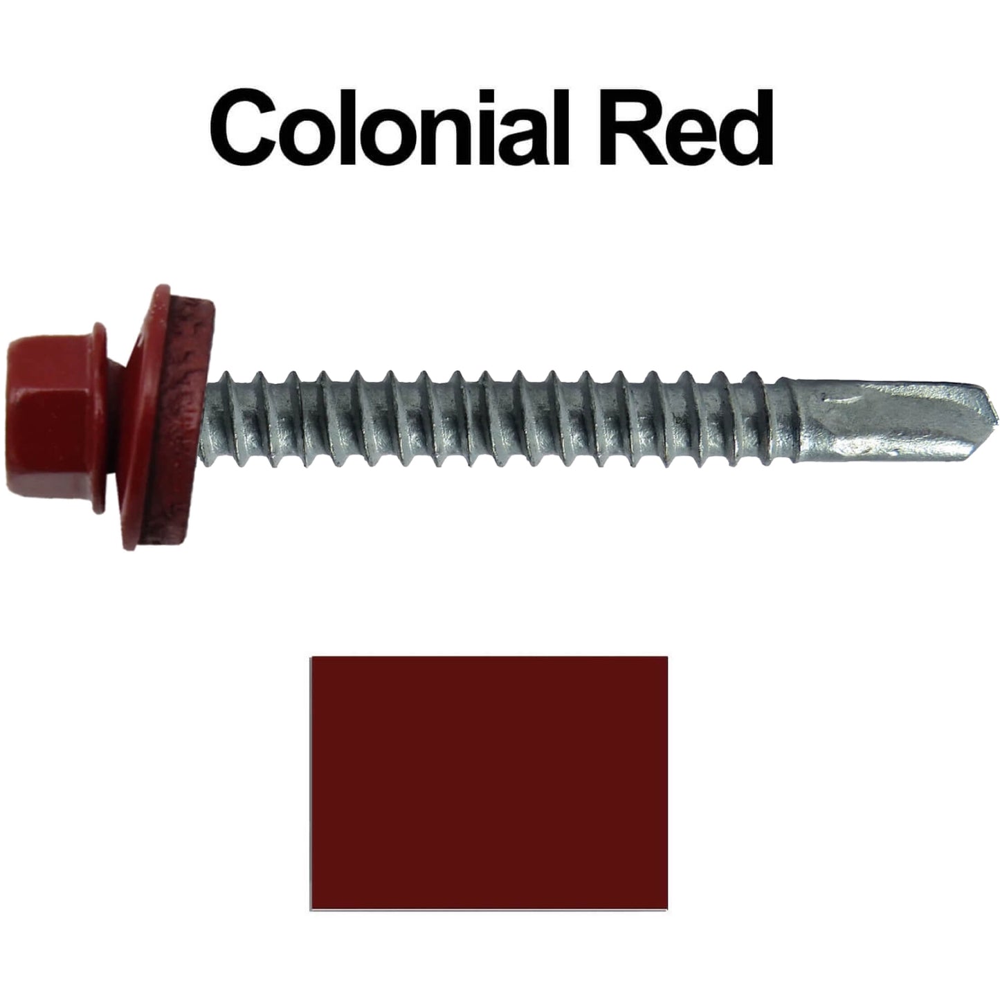 #12 x 2-1/2" Metal to Metal Type #3 Metal Roofing Screws - Hex Head Drill Point - 9/16" EPDM Washer. Colored head.