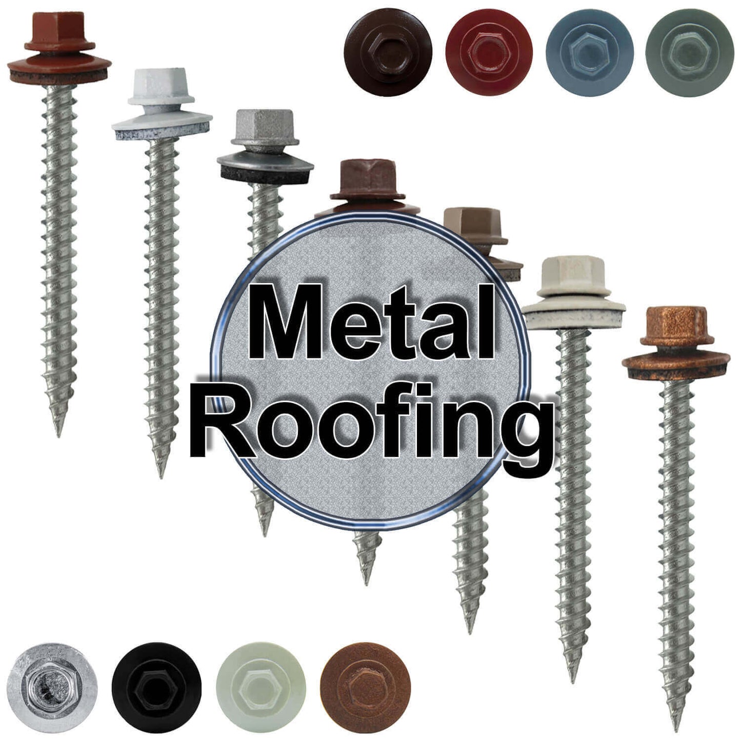 #9 x 2" Stainless Steel Metal Roofing Screws - Hex Washer Head - Self-Piercing (SP) tip metal to wood. EPDM washer. Colored head.