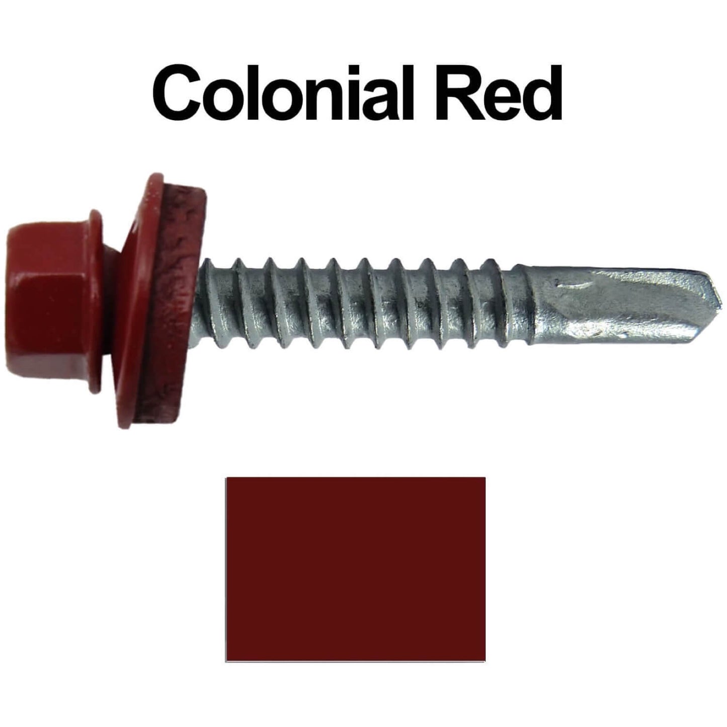 #12x1-1/2" Metal to Metal Type #3 Metal Roofing Screws- Hex Head Drill Point - 9/16" EPDM Washer. Colored head.
