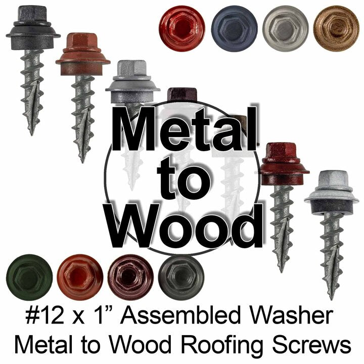 12 X 1" Metal Roofing Screws For OSB and Plywood - Galvanized Metal to Wood Type 17 Tip - 1/4" Hex Head - Assembled EPDM Washer