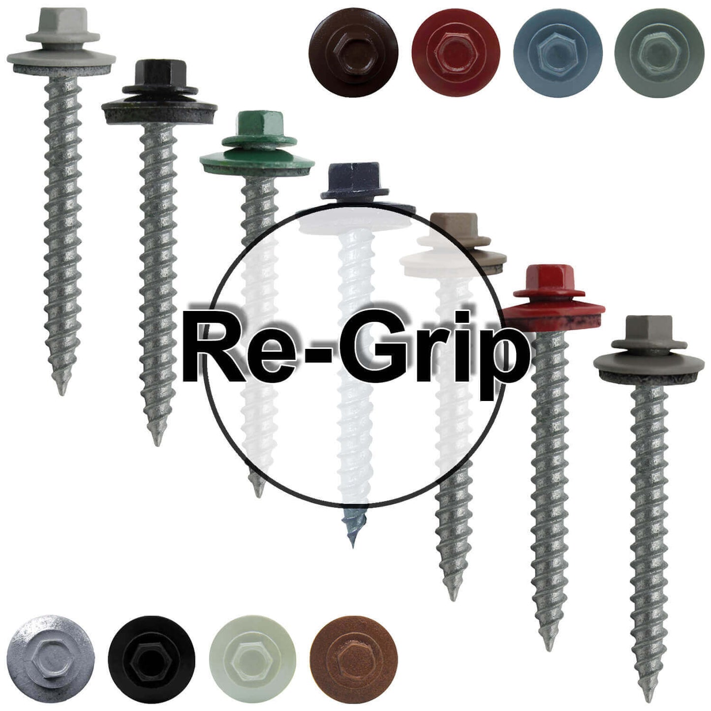 #12 x 2" RE-GRIP METAL ROOFING SCREWS - Hex Washer Head - Self starting/self tapping - EPDM washer. Colored head.