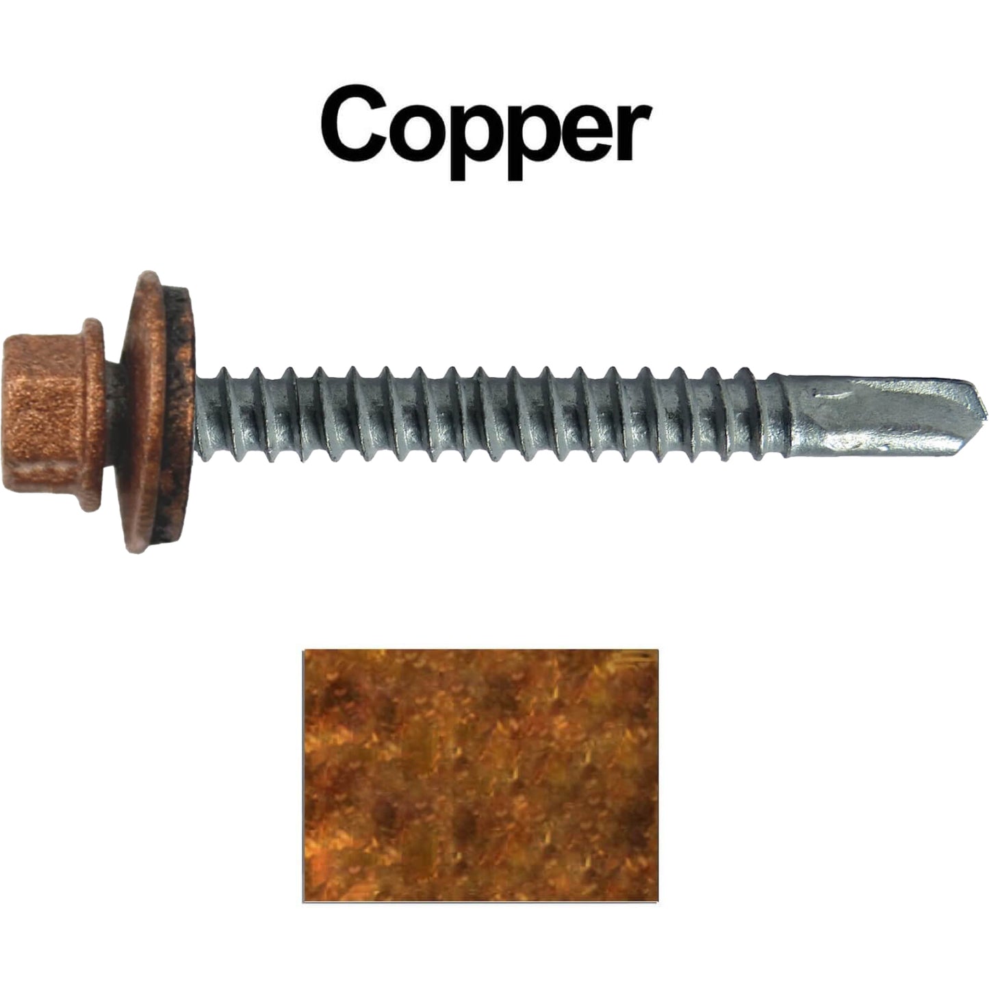 #12 x 2-1/2" Metal to Metal Type #3 Metal Roofing Screws - Hex Head Drill Point - 9/16" EPDM Washer. Colored head.
