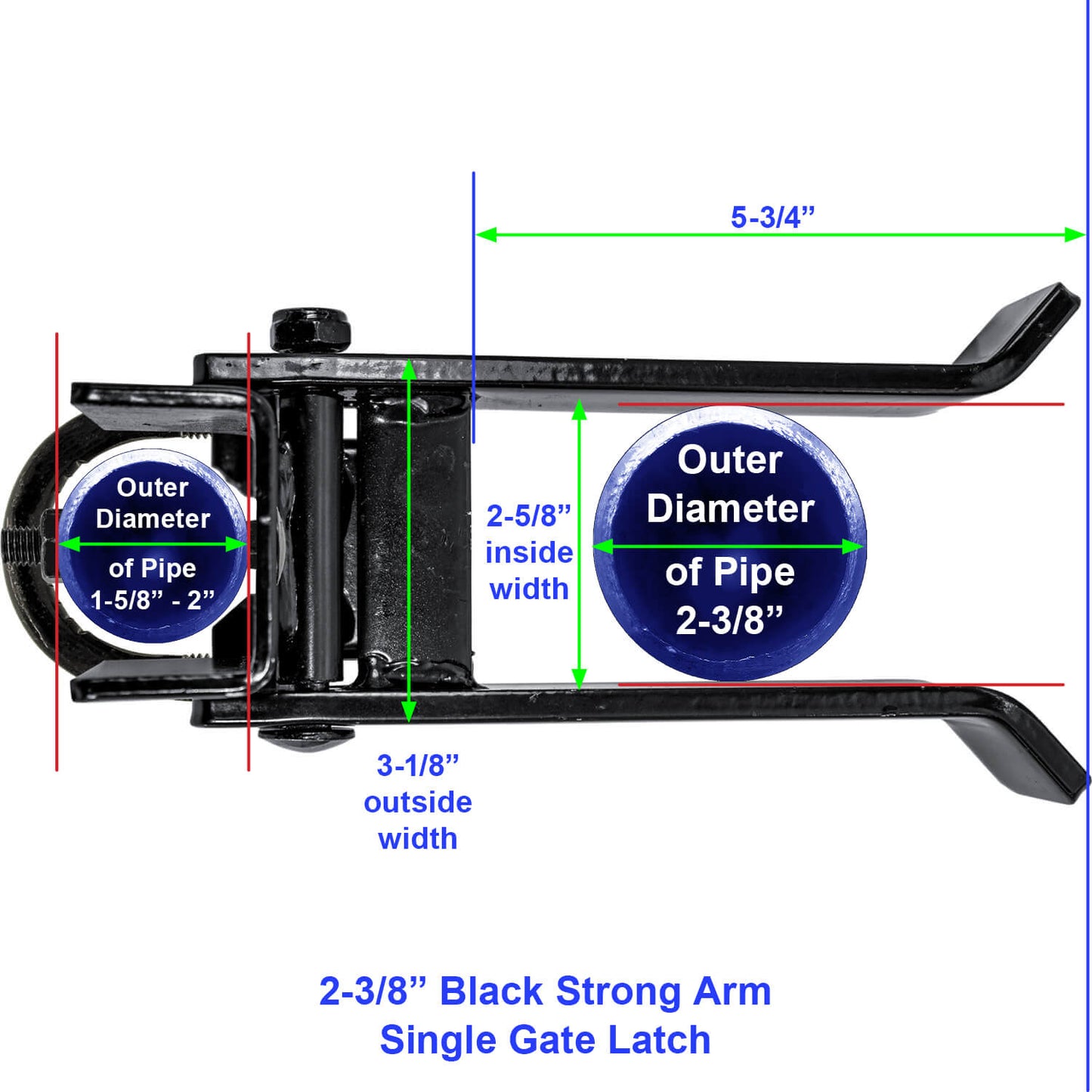 Strong Arm Single Gate Latch - Black - For Gate Frames From 1-5/8" to 2" - Fence Posts 2-3/8", 2-7/8" and 4"