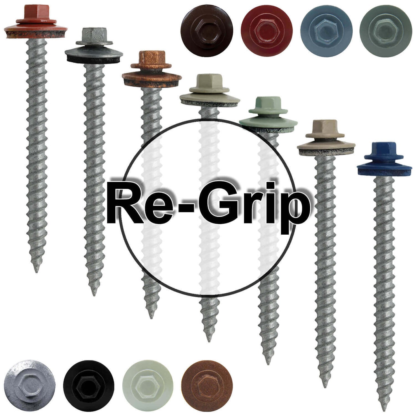 #12 x 2-1/2" RE-GRIP METAL ROOFING SCREWS - Hex Washer Head - Self starting/self tapping - EPDM washer. Colored head.