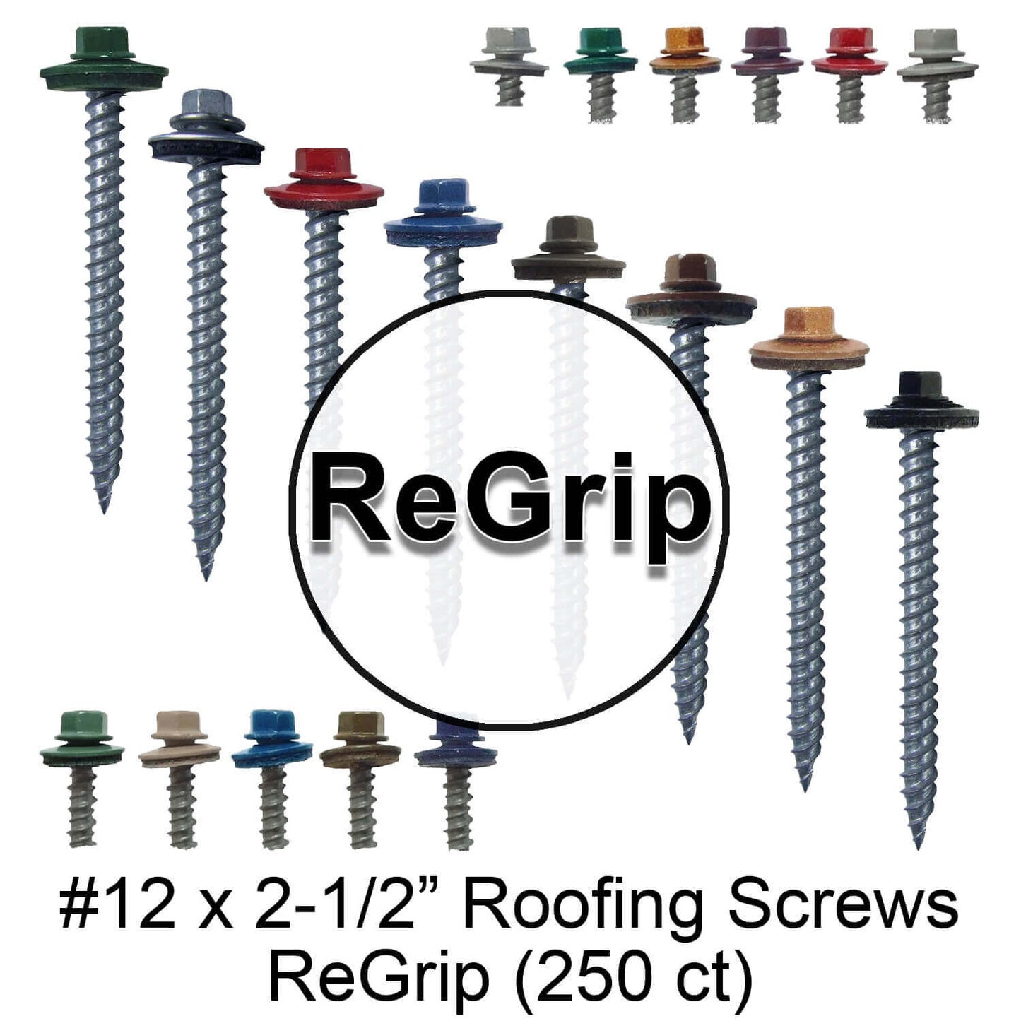 12 x 2-1/2" Metal ROOFING SCREWS - Hex Washer Head - Self starting/self tapping - EPDM washer. Colored head.