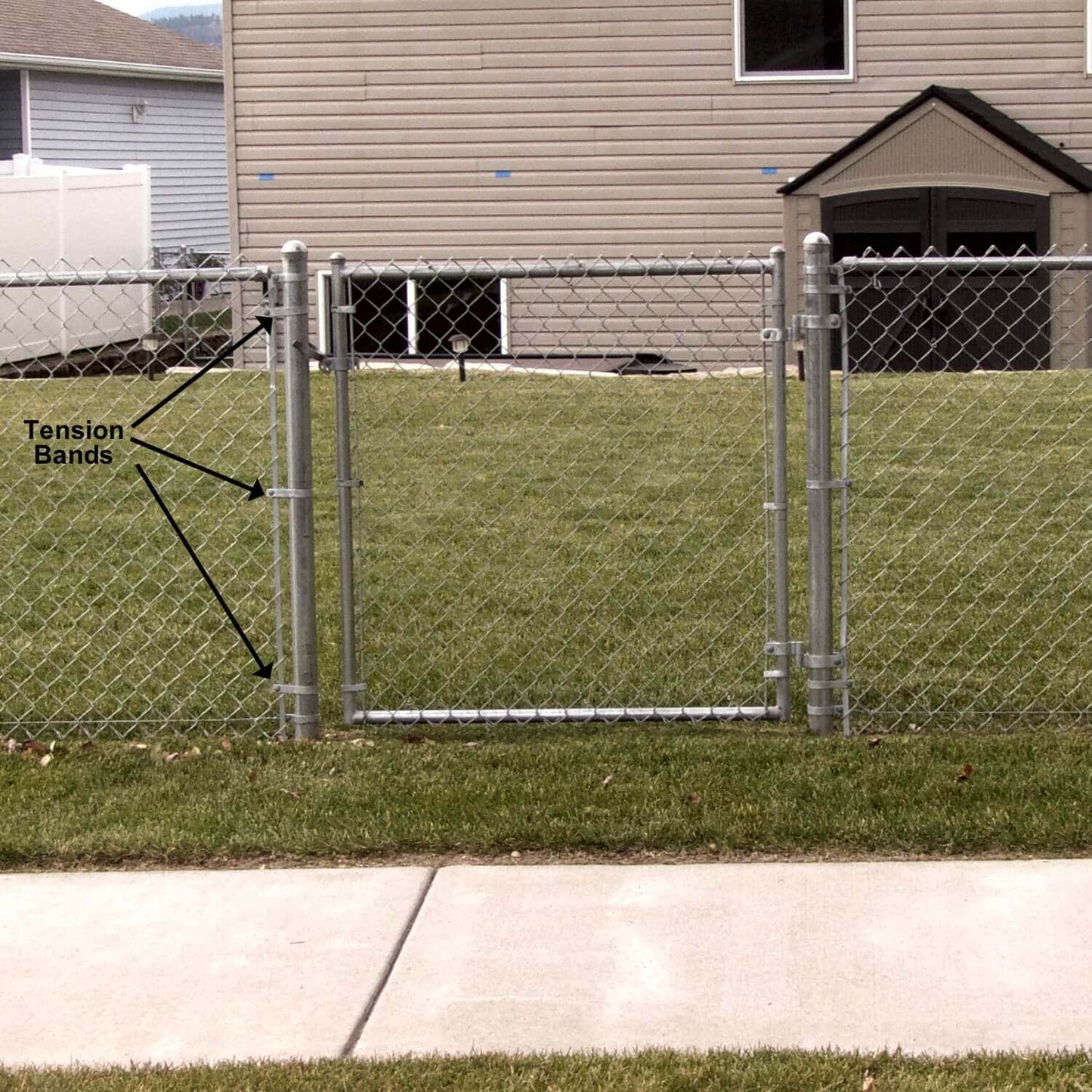 Tension Band for Chain Link Fence - Manufactured from Galvanized Steel to Prevent Rust. Tension Bands Wrap Around the Pipe on the Fence and Attach to a Tension Bar Holding the Chain Link Mesh