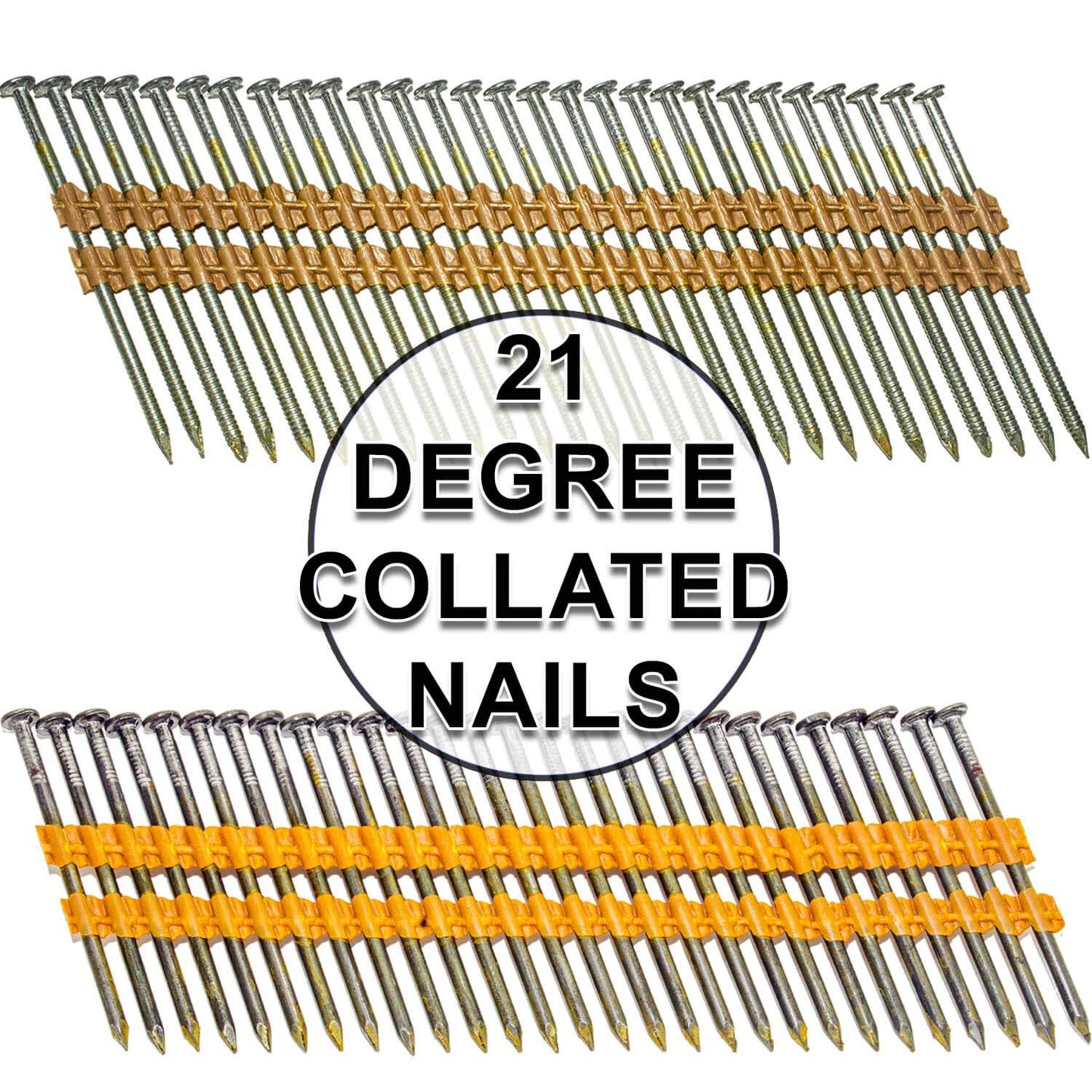 21 Degree Collated Nails - Vinyl coated framing nails in Smooth Shank and Ring Shank Galvanized.