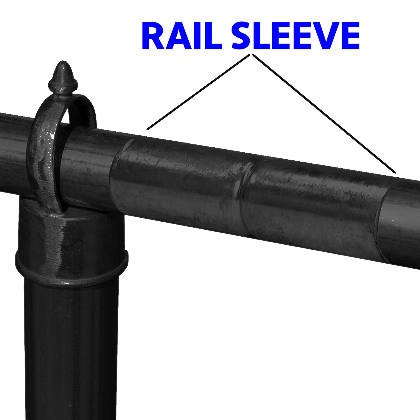 Black Top Rail Sleeve fits Over top rail to join together another top rail of equal diameter. Top Rail Sleeves can also be called a chain link fence Top Rail Connector or Top Rail Adapter