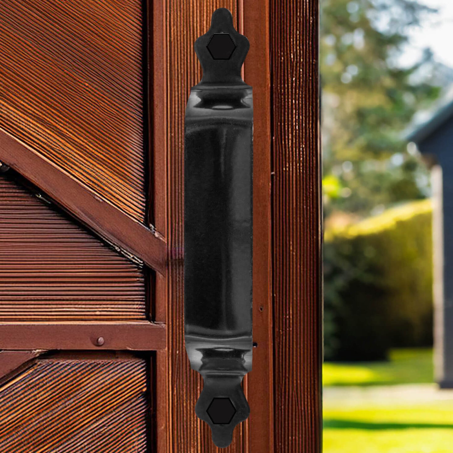 black pressed steel decorative gate handle action