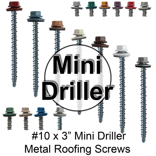 #10 x 3" Metal ROOFING SCREWS (250) Hex Head Mini Driller Sheet Metal Roof Screw. Self starting metal to wood siding screws. EPDM washer