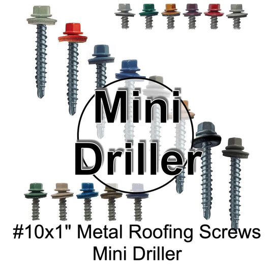 10 x 1" Metal ROOFING SCREWS: (250)  Hex Head Mini Driller Sheet Metal Roof Screw. Self starting metal to wood siding screws. EPDM washer.