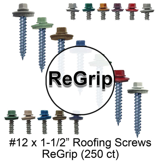12 x 1-1/2" Metal Roofing Screw: (250) Hex ReGrip Sheet Metal Roof Screw. Sharp Point metal to wood siding screws. 5/8" EPDM washer.