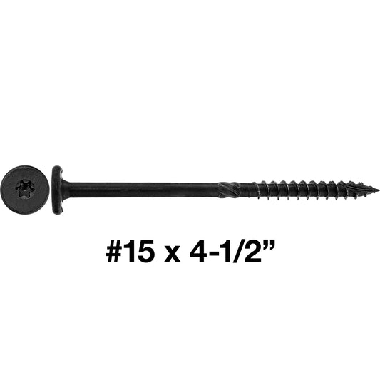 15x4-1/2" Black Wafer Head Structural Lag Screws. Used for Log Construction, Timber Framing, Laminated Beams and Pole Barns Among Other Uses. T-30 Torx/Star Drive (~400 Count)