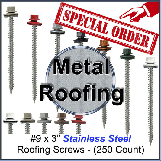 #9 x 3" Stainless Steel Metal Roofing Screws (250) Hex head sheet metal roofing screw. Self Piercing (SP) metal to wood siding screws EPDM washer