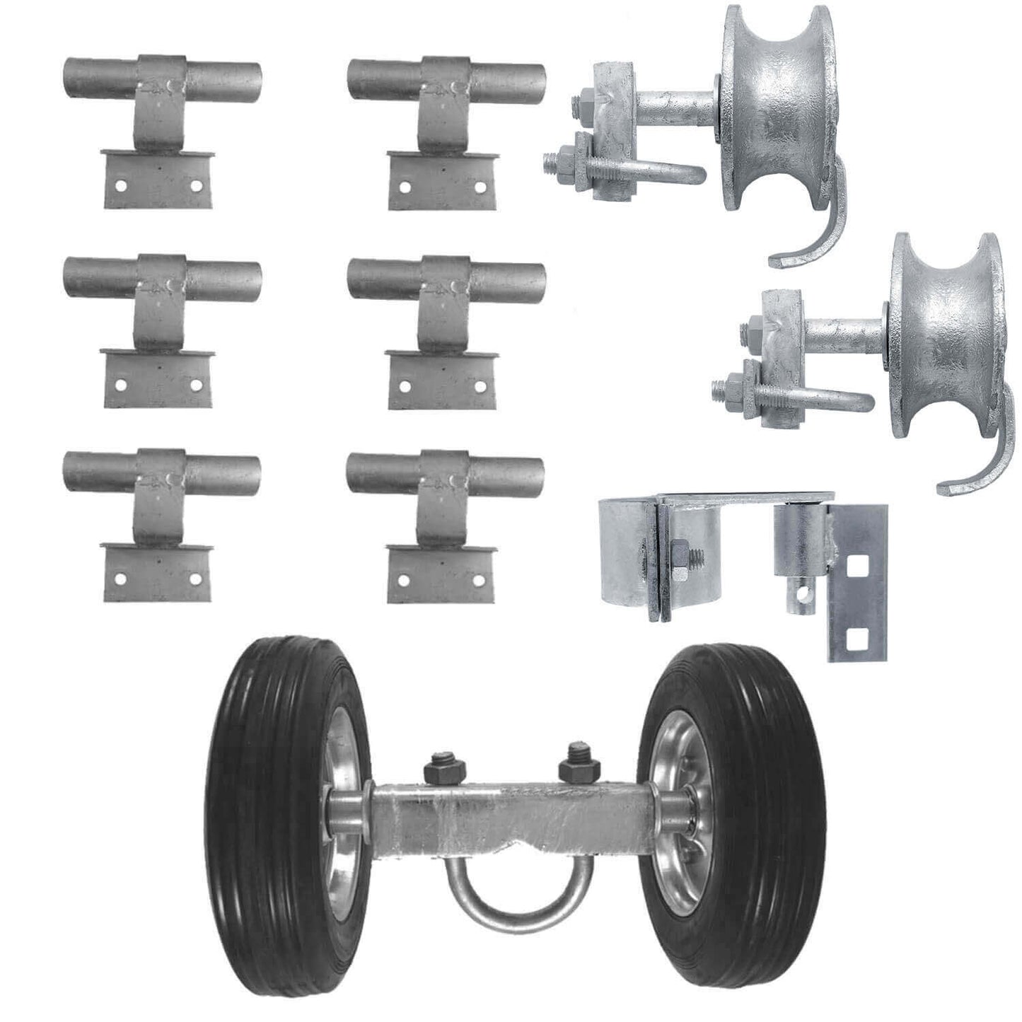 6" CHAIN LINK WALL MOUNTED ROLLING GATE HARDWARE KIT: (Chain Link Fence Gate Parts) (6" Rut Runner, 2 Track Wheels, 6 Wall Mounted Track Brackets, 1 Rolo Latch)