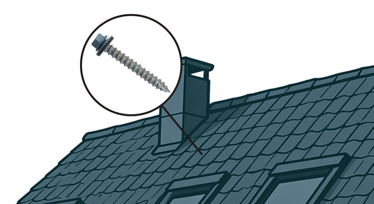 A metal roofing screw with EPDM washer displayed over a cartoon roof