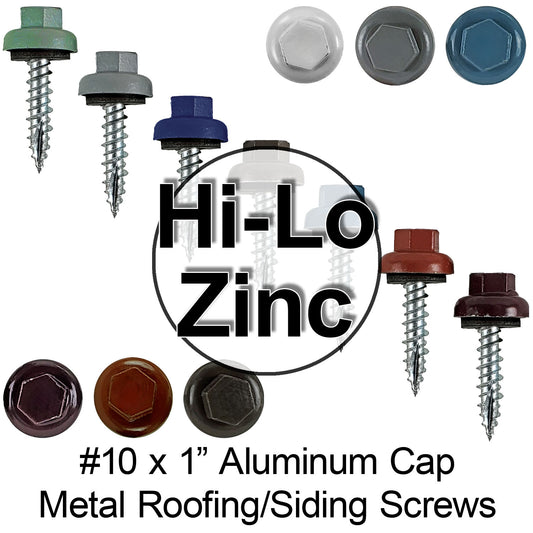 10 X 1" HI-LO Zinc Aluminum Cap Metal Roofing Screws - Zinc Plated Carbon Steel Shank - EPDM Washer