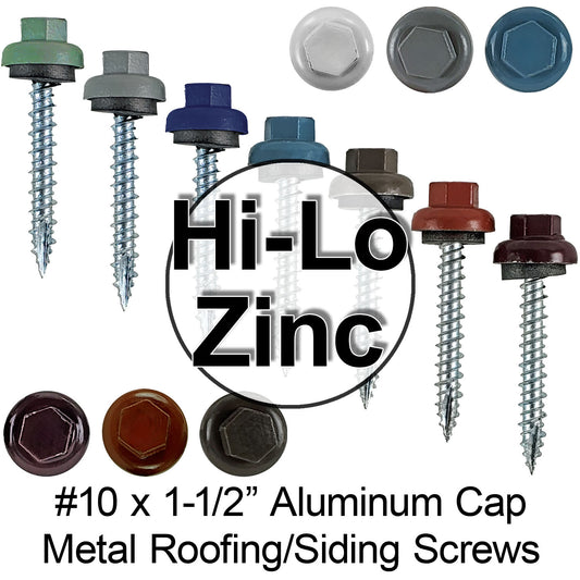 10 X 1-1/2" HI-LO Zinc Aluminum Cap Metal Roofing Screws - Zinc Plated Carbon Steel Shank - EPDM Washer