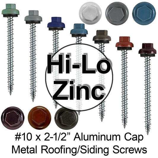 10 X 2-1/2" HI-LO Zinc Aluminum Cap Metal Roofing Screws - Zinc Plated Carbon Steel Shank - EPDM Washer