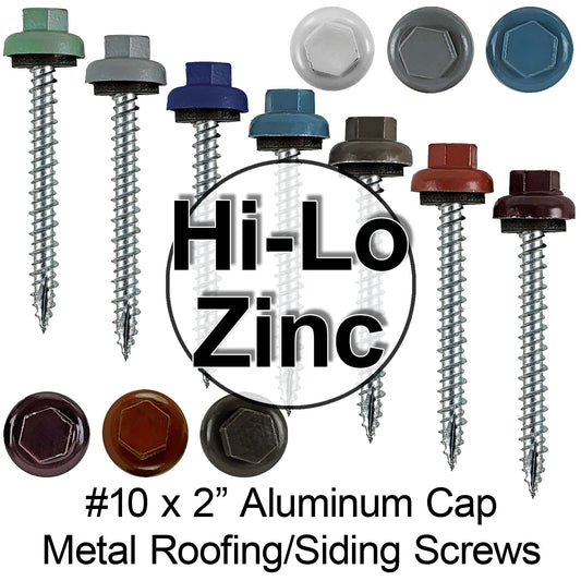 10 X 2" HI-LO Zinc Aluminum Cap Metal Roofing Screws - Zinc Plated Carbon Steel Shank - EPDM Washer
