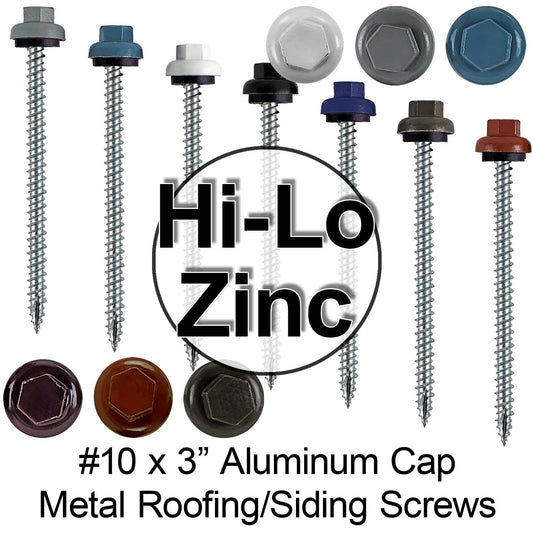 10 X 3" HI-LO Zinc Aluminum Cap Metal Roofing Screws -  Zinc Plated Carbon Steel Shank - EPDM Washer