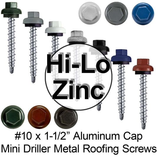 10 X 1-1/2" Zinc Aluminum Cap MINI-DRILLER Roofing Screws  HI-LO THREAD Zinc Plated Carbon Steel Shank - EPDM Washer