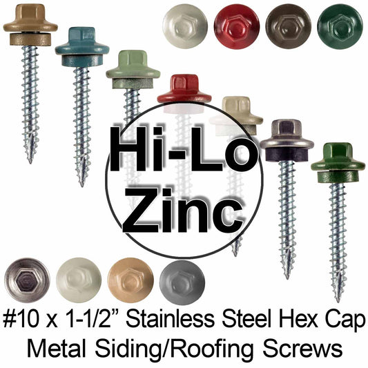 Metal ROOFING SCREWS: 10 x 1-1/2" STAINLESS HEX / ZINC Sheet Metal Roof Screw. Self starting metal to wood siding screws. EPDM washer.  (250)