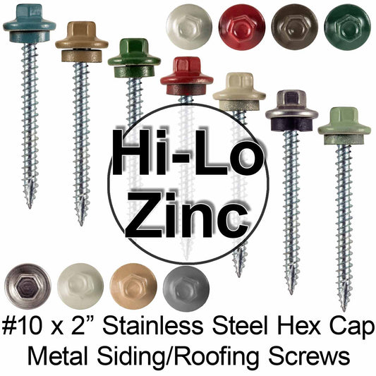 Metal ROOFING SCREWS: (250) 10 x 2" STAINLESS HEX HEAD / ZINC Sheet Metal Roof Screw.