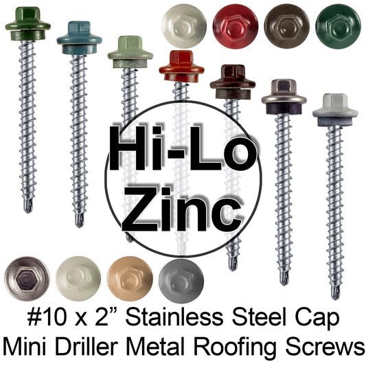 10 x 2" STAINLESS HEX HEAD - ZINC coated Mini Driller Sheet Metal Roof Screw. Self starting metal to wood siding screws. EPDM washer.