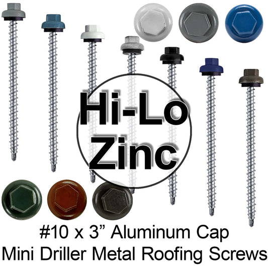 10 X 3" Zinc Aluminum Cap MINI-DRILLER Roofing Screws HI-LO THREAD