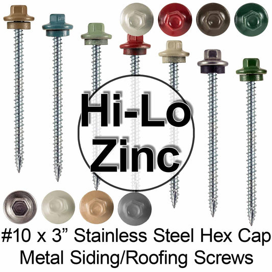 Metal ROOFING SCREWS: 10 x 3" STAINLESS HEX HEAD / ZINC Sheet Metal Roof Screw. (250)
