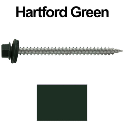 9 x 2-1/2" - Stainless Steel Metal Roofing Screws - Hex Washer Head -  Self starting metal to wood siding screws. EPDM washer. Colored head.