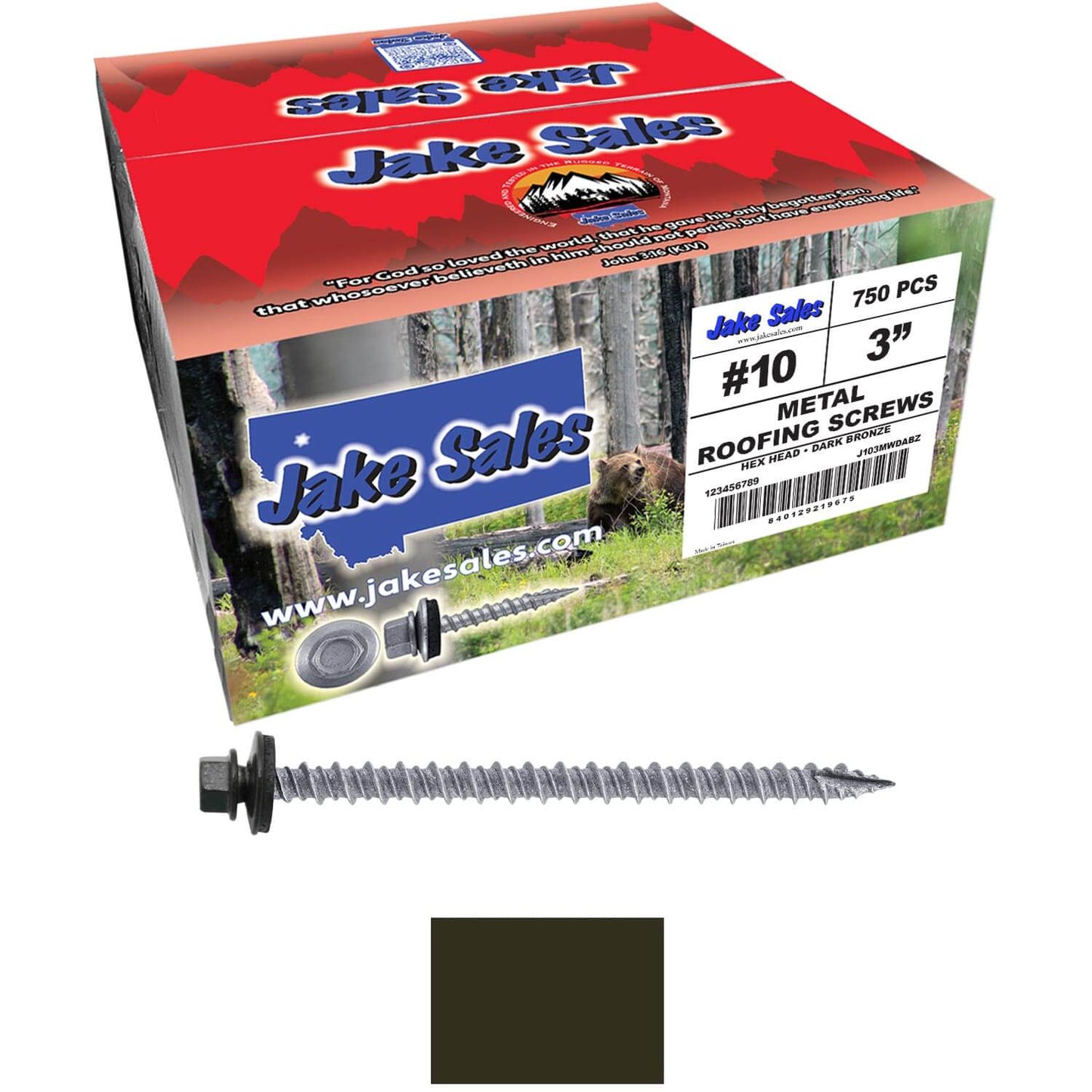 #10 x 3" Metal ROOFING SCREWS - Hex Washer Head - Self starting/self tapping - EPDM washer. Colored head.
