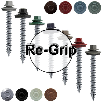 #12 x 2" RE-GRIP METAL ROOFING SCREWS - Hex Washer Head - Self starting/self tapping - EPDM washer. Colored head.