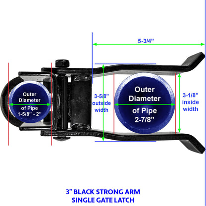 Strong Arm Single Gate Latch - Black - For Gate Frames From 1-5/8" to 2" - Fence Posts 2-3/8", 2-7/8" and 4"