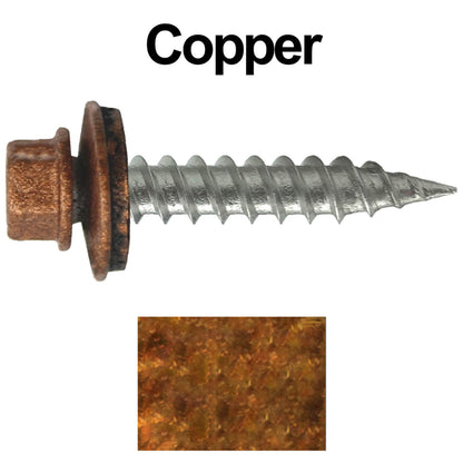 #9 x 1" Stainless Steel Metal Roofing Screws - Hex Washer Head - Self-Piercing (SP) tip metal to wood siding screws. EPDM washer. Colored head.