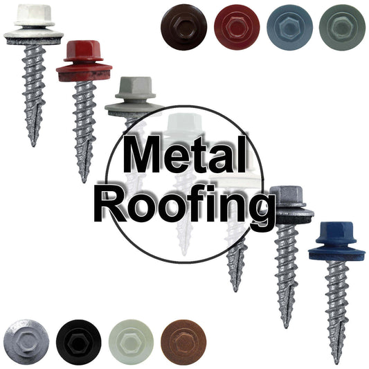 #10 x 1" Metal ROOFING SCREWS - Hex Washer Head - Self starting/self tapping - EPDM washer. Colored head.