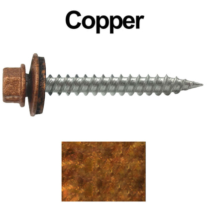 #9 x 1-1/2" Stainless Steel Metal Roofing Screws - Hex Washer Head - Self-Piercing (SP) tip metal to wood siding screws. EPDM washer. Colored head.