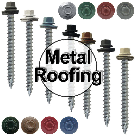 #14  x 2-1/2" Metal ROOFING SCREWS - Hex Washer Head - Self starting/self tapping - EPDM washer. Colored head.