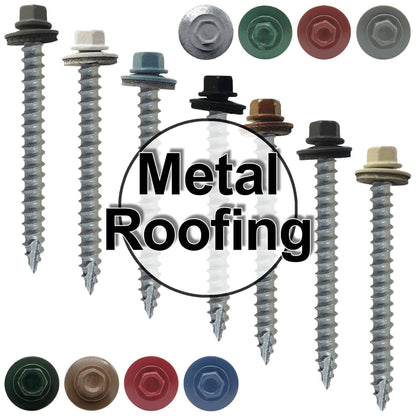 #14  x 2-1/2" Metal ROOFING SCREWS - Hex Washer Head - Self starting/self tapping - EPDM washer. Colored head.
