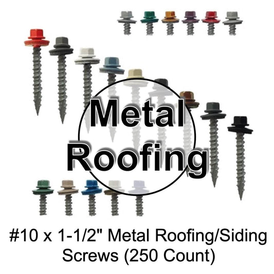 10 x 1-1/2" Metal ROOFING SCREWS - Hex Head Sheet Metal Roof Screw. Self starting metal to wood siding screws. EPDM washer (250 Count)