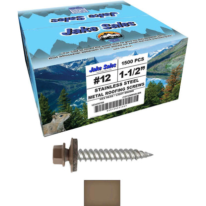 12 x 1-1/2" Stainless Steel Metal Roofing Screw - Hex Washer Head - Self starting/self tapping - EPDM washer. Colored head.