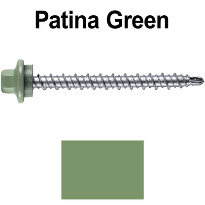 #10 x 2" Stainless Steel Mini Driller Sheet Metal Roofing Screw - Hex Washer Cap - Self starting metal to wood siding screws - EPDM washer. Colored head.