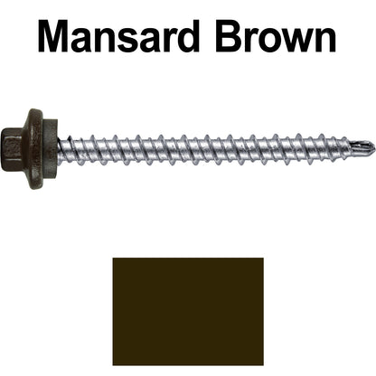 #10 x 2" Stainless Steel Mini Driller Sheet Metal Roofing Screw - Hex Washer Cap - Self starting metal to wood siding screws - EPDM washer. Colored head.