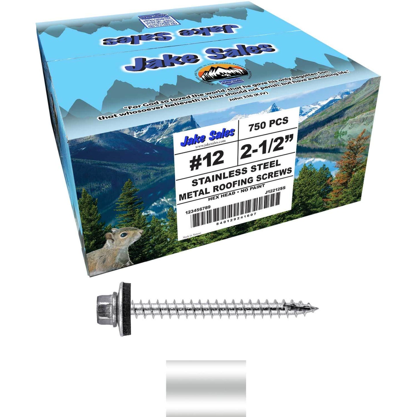 12 x 2-1/2" Stainless Steel Metal Roofing Screw - Hex Washer Head - Self starting/self tapping - EPDM washer. Colored head.