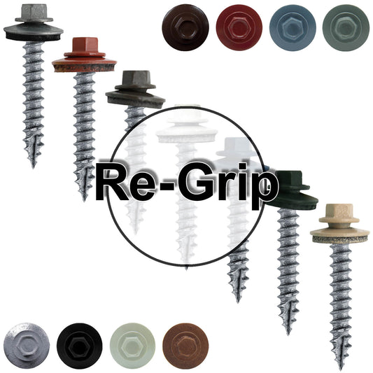#12 x 1-1/2"  RE-GRIP METAL ROOFING SCREWS - Hex Washer Head - Self starting/self tapping - EPDM washer. Colored head.