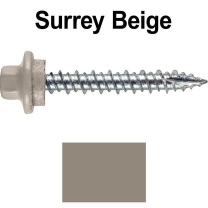 10 x 1-1/2" - STAINLESS HEX / ZINC Sheet Metal Roof Screw. Self starting metal to wood siding screws. EPDM washer. Colored head.
